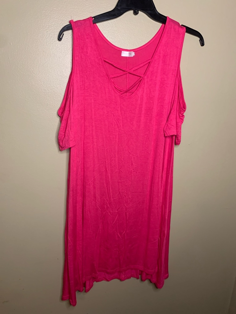 Cold-Shoulder Midi Dress with Crisscross Neckline in Bright Pink